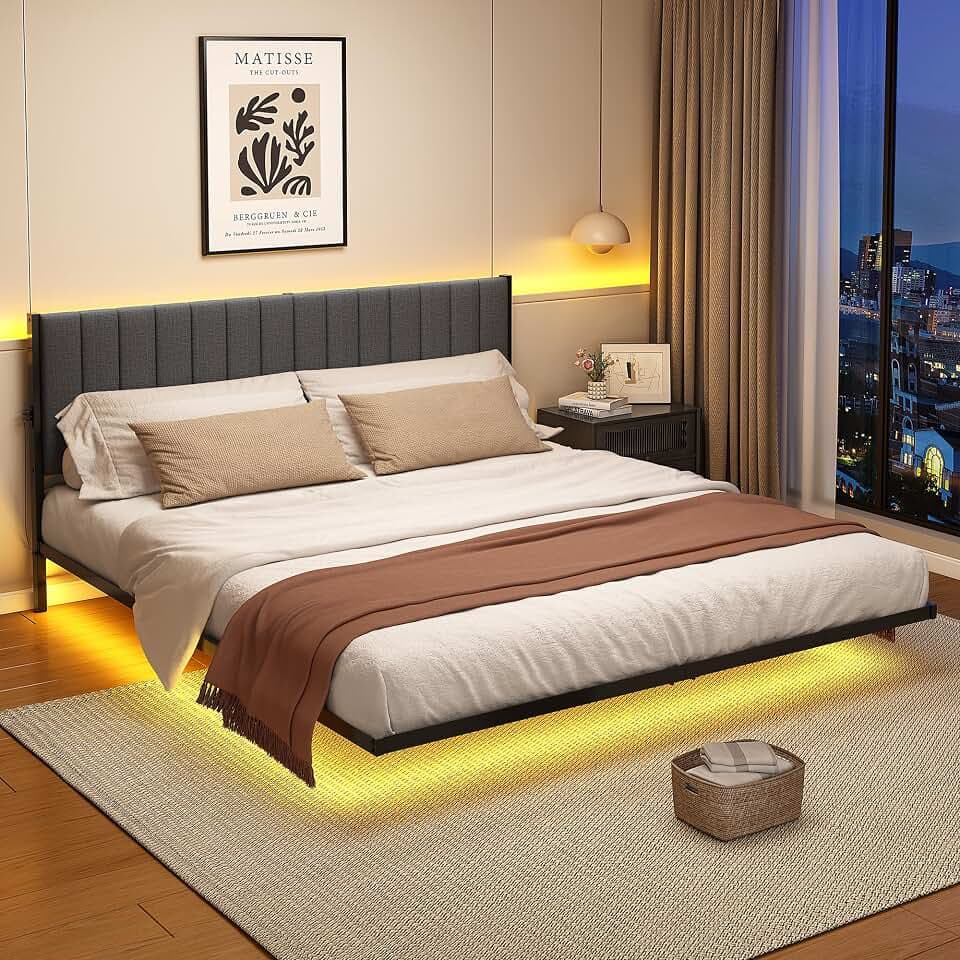 Bettgestell 140x200 mit LED Beleuchtung und Ladestation Bett 140x200 mit Kopfteil Metall Schwebebett Bettrahmen 140 x 200 Erwachsene mit Licht-Robust und Stabil,Leinen, Dunkelgrau