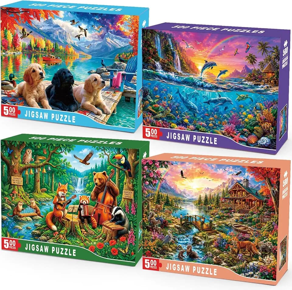 4-Pack 500 Piece Puzzles for Adults, Dog Ocean Wildlife & Nature Jigsaw Puzzles 500 Pieces, Lakeside Puppies, Dolphins & Forest Animals, Family Game Gifts for Home Decor Wall Art