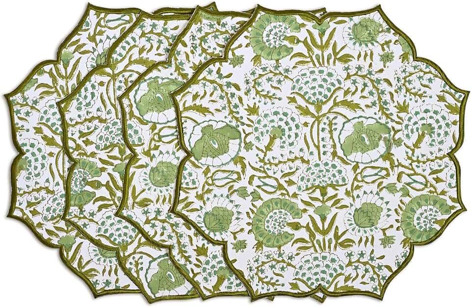 CPC Agate Green Block Print Cotton Floral Placemat 15x15 Inch, Set of 4