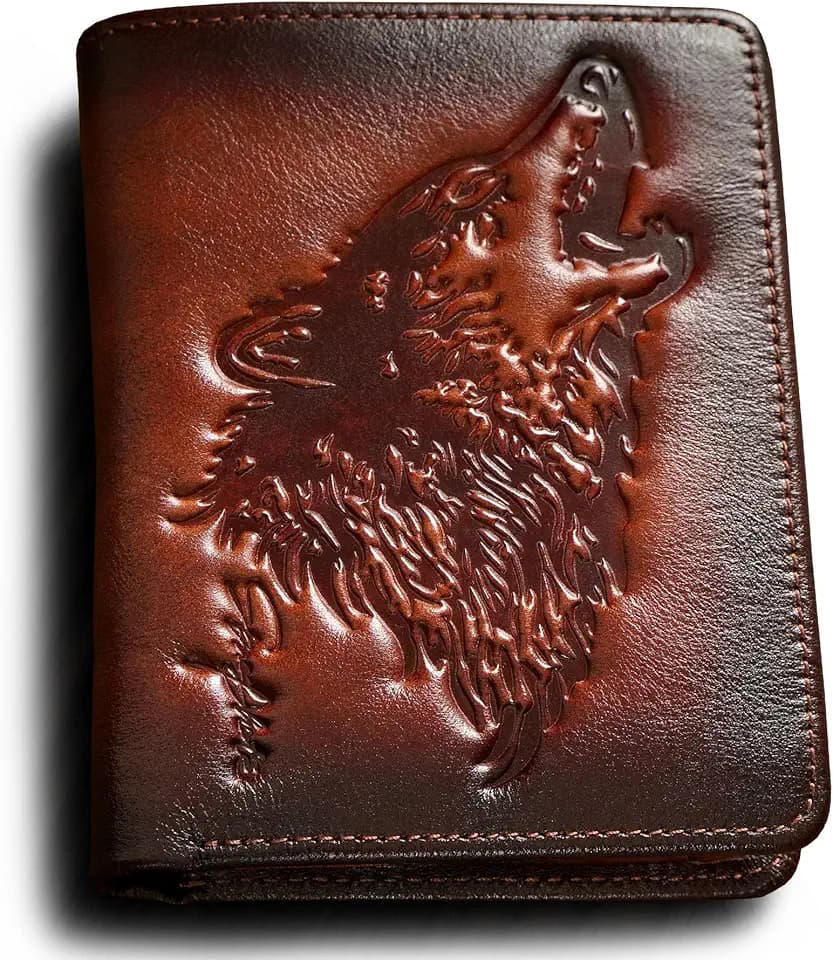 Mens Wallet With Coin Pocket,Wolf Bifold Wallets For Men Leather RFID Blocking,Gift for Him (brown)