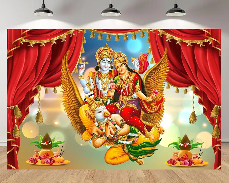 7x5ft Indian Hindu God Backdrop Vishnu Lakshmi Garuda Golden Wings Divine Couple Background for Hindu Puja Celebration Indian Festival Religious Event Decor Photo Studio Booth Props Banner