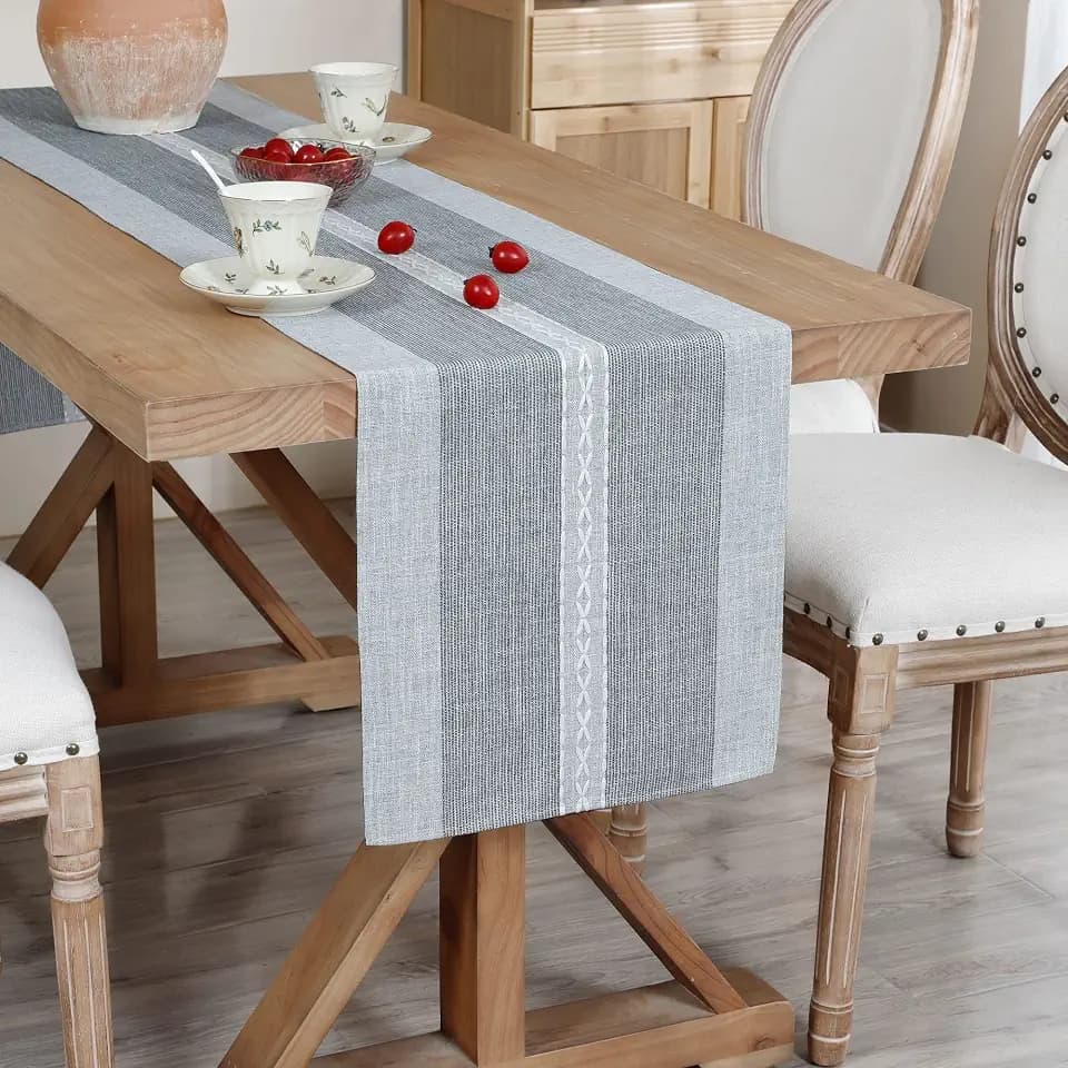 NEWISHER Farmhouse Braided Striped Embroidery Table Runner 108 inches Grey