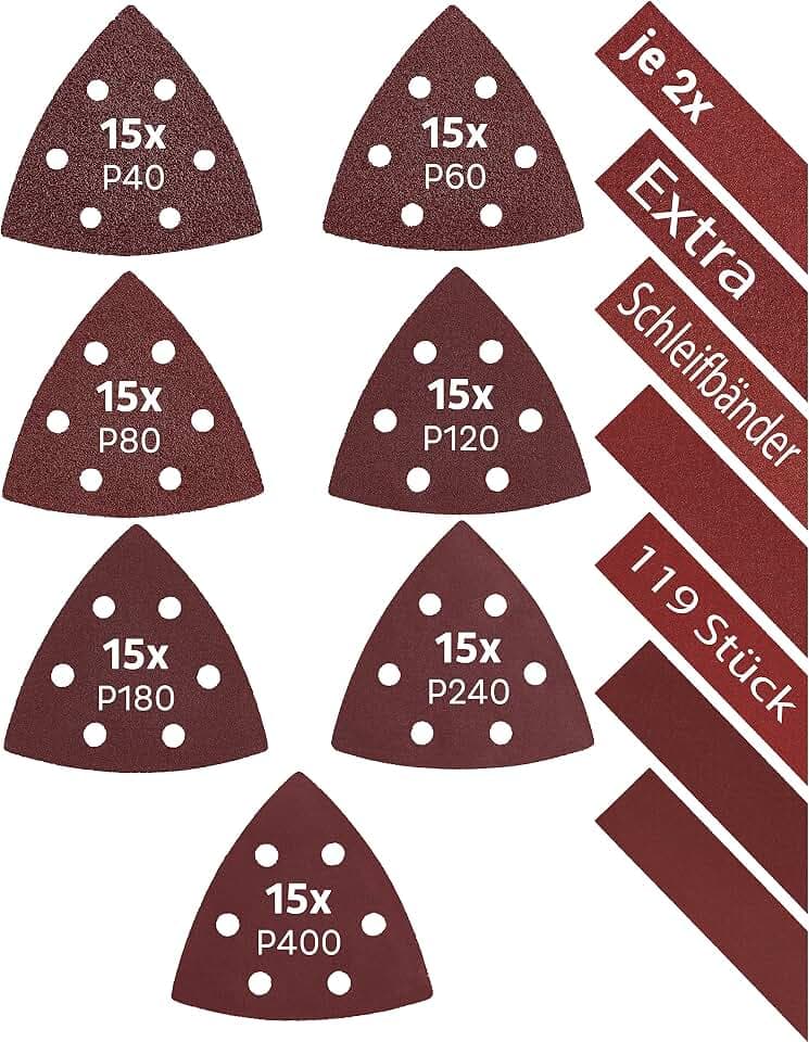 KSP-Tec│105 Stück Delta-Schleifdreiecke + 14 Schleifstreifen │93 x 93 x 93 mm │Deltaschleifer Schleifpapier Dreieckschleifer│Klett Schleifpads Multischleifer (93 x 93 x 93mm)