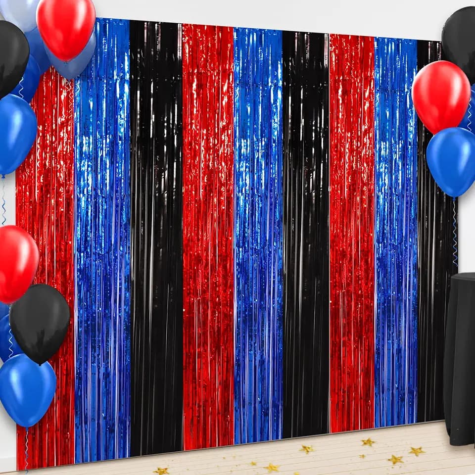 BEISHIDA 3Pcs Red Blue Black Door Streamers Backdrop Foil Fringe Tinsel Curtains Backdrops for Spider Theme Birthday Party Supplies (3.28 ft x 6.56 ft)