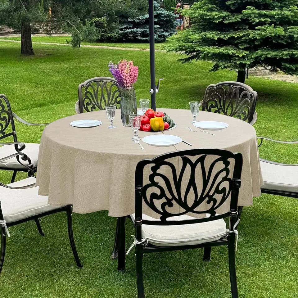 LUSHVIDA Outdoor Tablecloth with Umbrella Hole, Natural, 60 Inch Round