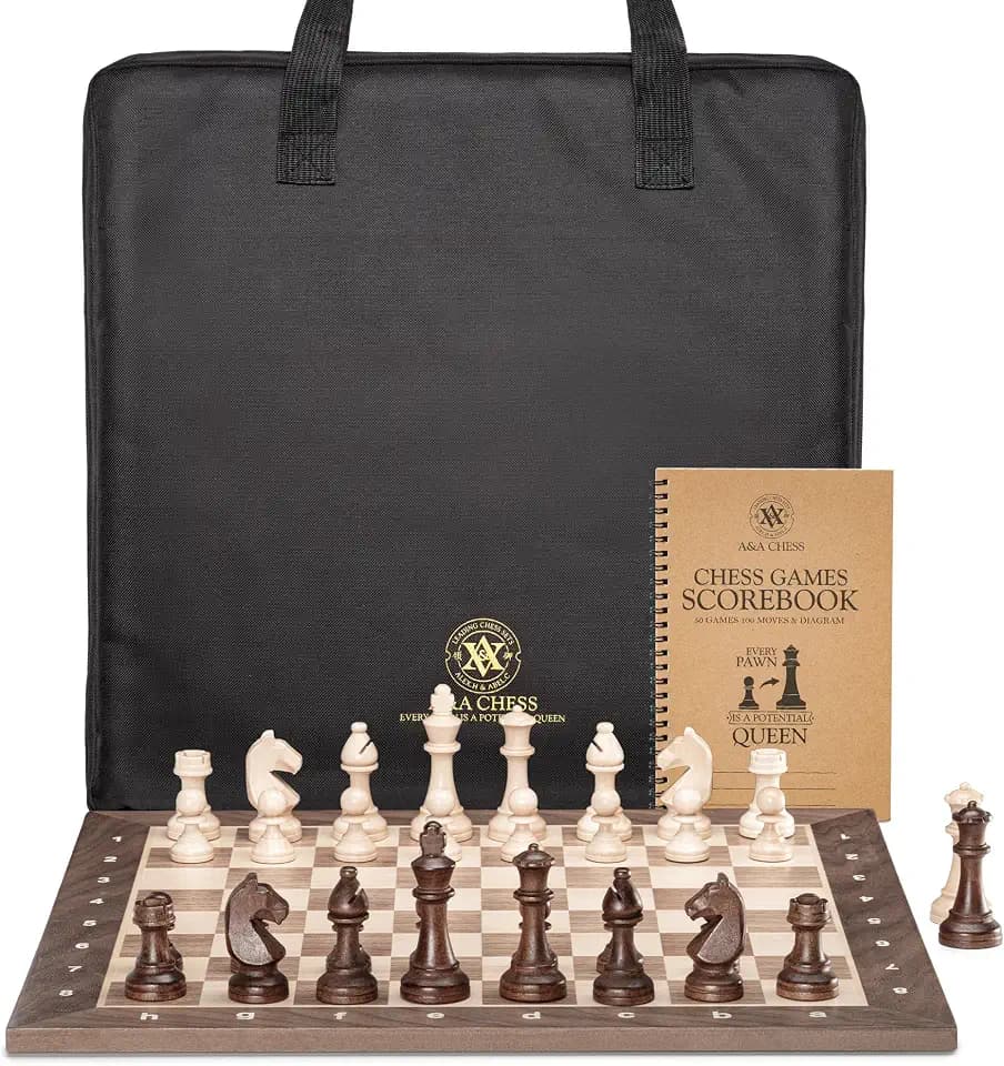 A&A Professional Wooden Chess Set, 15.5" Wooden Board with 3" Weighted Wooden Chess Pieces, with Chess Scorebook and Storage Bag