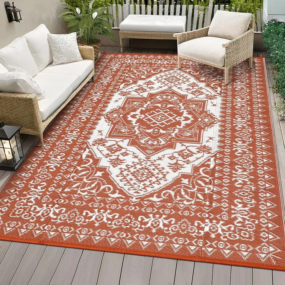 COZYLOOM Large Outdoor Rug 9x12 Foldable Plastic Straw Rug Waterproof Patio Rug, Vintage Oriental Outdoor Carpet, Portable Plastic Camping Rug with Storage Bag, 4 Stakes for Garden Deck Lawn Rv, Deck