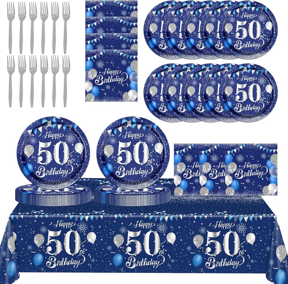 50th Birthday Decorations for Men,61Pcs Blue 50th Birthday Decorations Tableware Include Happy 50th Birthday Plates and Napkins,Tablecloth,Forks for Men 50th Birthday Party Supplies,Serve 20