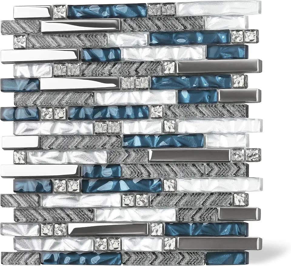 Glass Linear Wall Tile Teal Blue White Mosaic Sheets for Kitchen Bathroom Backsplash [Set of 5]