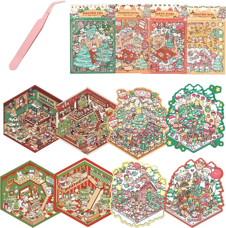 SZXYCZL Cute Miniature Scene 8Sets DIY 3D Stickers Scene Christmas House, Make You Own Mini House Sticker Therapy for Teen Adult Relief Pass The Time-Merry Christmas