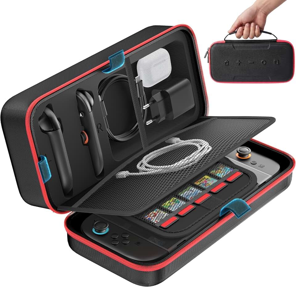 OIVO Switch 2 Tasche für Nintendo Switch/OLED/2 Modell, große Tragetasche für Joycon und EU Netzteil, Harte Hülle mit Aufbewahrung für 26 Spiele & Zubehör, Rot