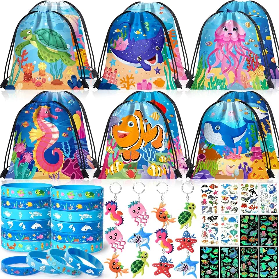 Winrayk 12 Sets Under the Sea Party Favors Ocean Birthday Supplies, Sea Animal Drawstring Bag Silicone Bracelet Glow Tattoo Sticker Keychain, Summer Kids Goodie Stuffers Ocean Themed Party Favors