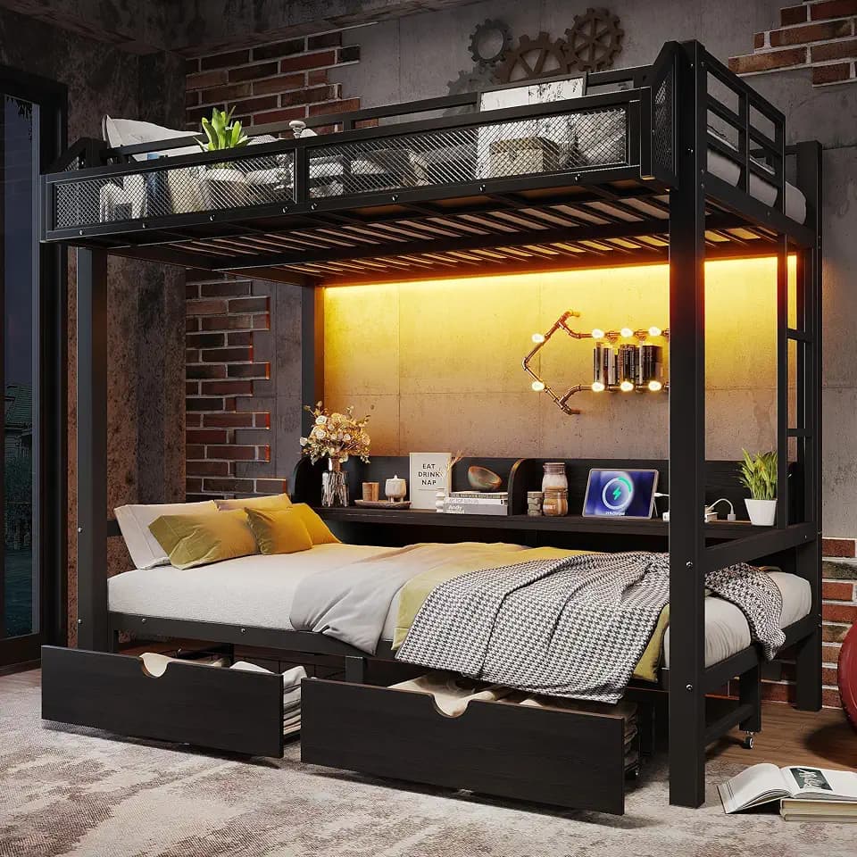 Bellemave Metal Twin Over Twin Size Bunk Bed Frame with Storage Drawers and Shelves,Heavy Duty Kids Bunk Beds with LED Lights and Charging Station for Teens,Adults,Convertible into a Sofa Bed,Black