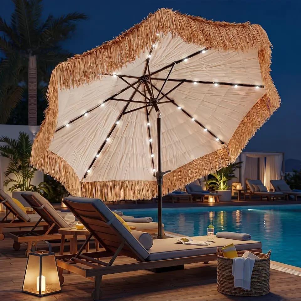 CroBlissful 9 Ft Solar Tiki Umbrella, 32 LED Lights Patio UPF 50+