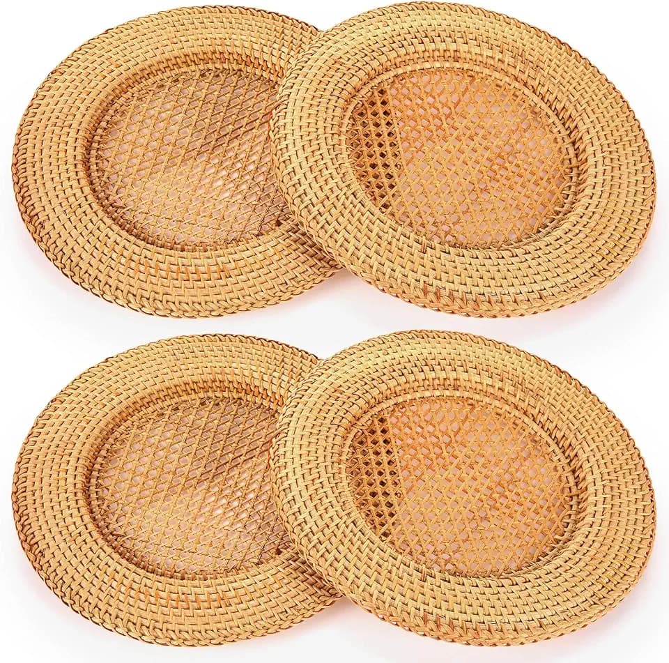 4 Pack 13" Rattan Charger Plate, Brown, Hollow Out