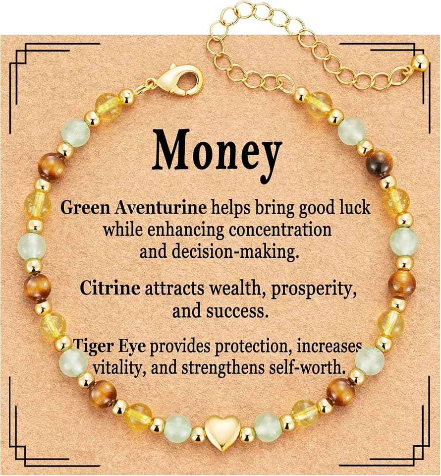 Natural Crystal Bracelet for Women, Anxiety Relief New Beginnings Triple Protection Money Empath Protection Jewelry 6.5+2 Inches