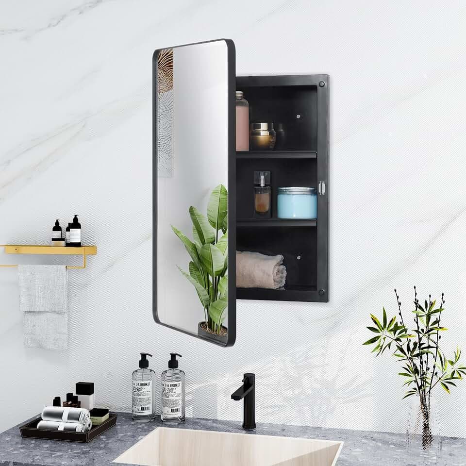 Plastic Black Medicine Cabinet 16x24 Beveled Mirror, Recessed/Surface Mount