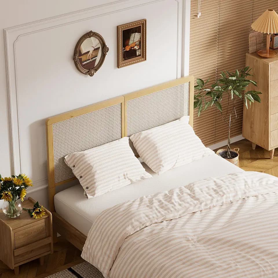 MSFE Kopfteil 140 cm, Bettkopfteil aus Natürliches Massivholz, Rattan Kopfteil im Bohemian-Stil, Atmungsaktiv und erfrischend, Betthaupt Bettkopfteil für Bett Bettrahmen Bettgestell Schlafzimmer