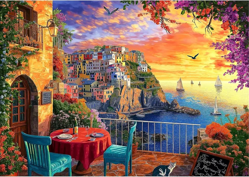1000 Pieces Cinque Terre Sunset Puzzles for Adult, Terrace Romantic Dinner