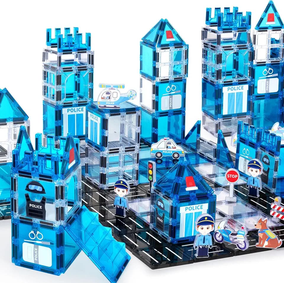 cossy Magnetische Bausteine, 42 Teile Magnetbausteine für Kinder Polizei-Thema, Magnetspiel für Kinder, Magnet Spielzeug für Geschenk ab 3 4 5 6 7 8 Jahre Junge Mädchen, Montessori Spielzeug
