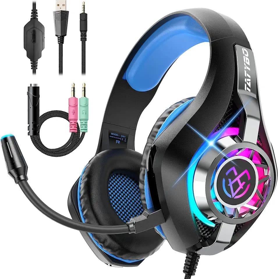 Tatybo Gaming Headset for PS5 PC, Noise Canceling Mic, RGB, Black Blue