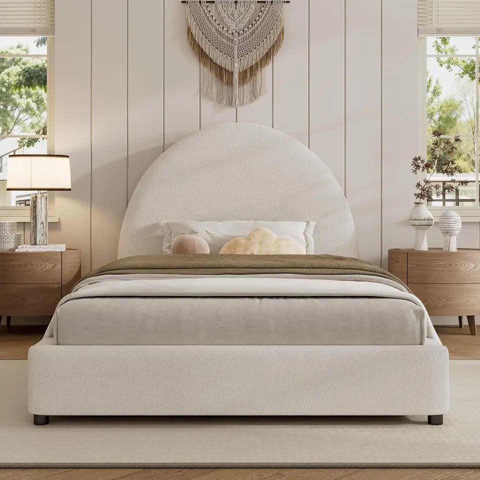 Christopher Knight Home Celyn Modern Twin Size Bed Frame with Upholstered Headboard, Boucle Upholstered Platform Bed Frame Twin, Wooden Slat Panel Support, No Spring Box Needed, Easy Assembly, White