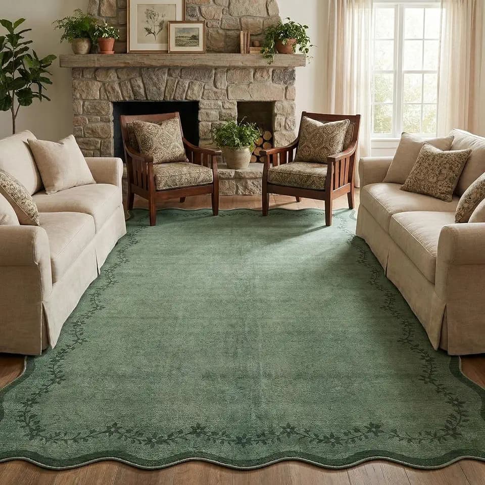 GarveeHome Scalloped Area Rugs 8x10 Large Green Washable Living Room Rug