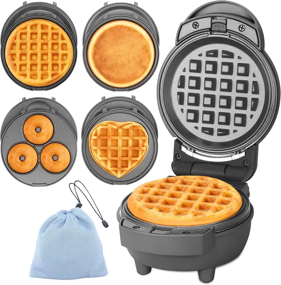 Baker's Friend 4 in 1 Mini Waffle Maker with Removable Plates, A Set of Mini Pancake Maker, Mini Donut Maker, Mini Heart Shape Waffle Maker and Small Waffle Maker, Recipe Included, Graphite, Compact