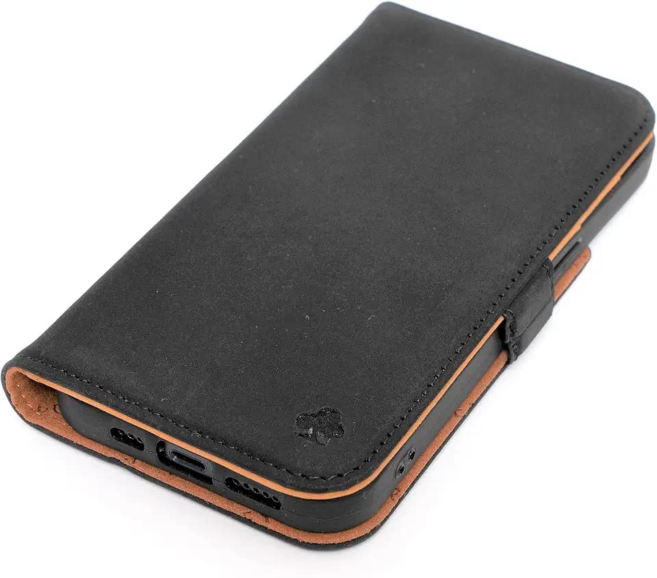 Porter Riley - Leather Case Compatible with iPhone 16 Pro Max. Premium Genuine Nubuck Leather Book/Wallet/Book Case with Card Slots and Horizontal Stand (Black, Tan)