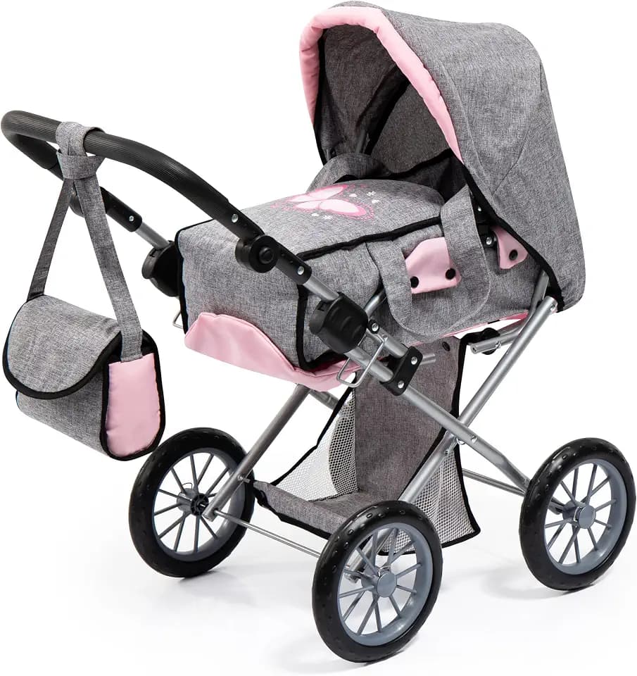 Bayer Design 13633AA Kombi Puppenwagen City Star, faltbar, Verstellbarer Griff, wandelbar als Jogger, mit Tasche, grau, rosa mit Schmetterling, grau, rosa, Schmetterling, ‎72.5 x 37 x 65 cm