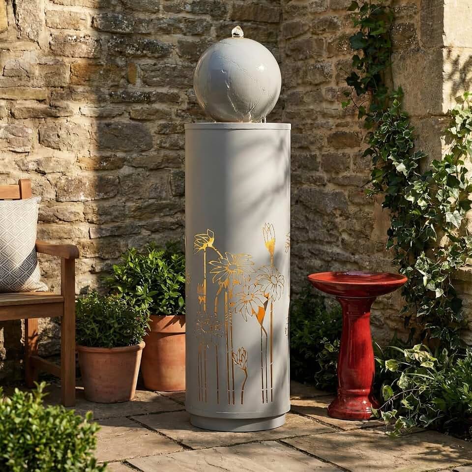 Christopher Knight Home Zoe 34.25" H Metal Water Fountain Outdoor with LED Light, Recirculating Pump Outdoor Fountain with Sphere-Top, Freestanding Modern Cascading Water for Lawn/Garden, Light Gray