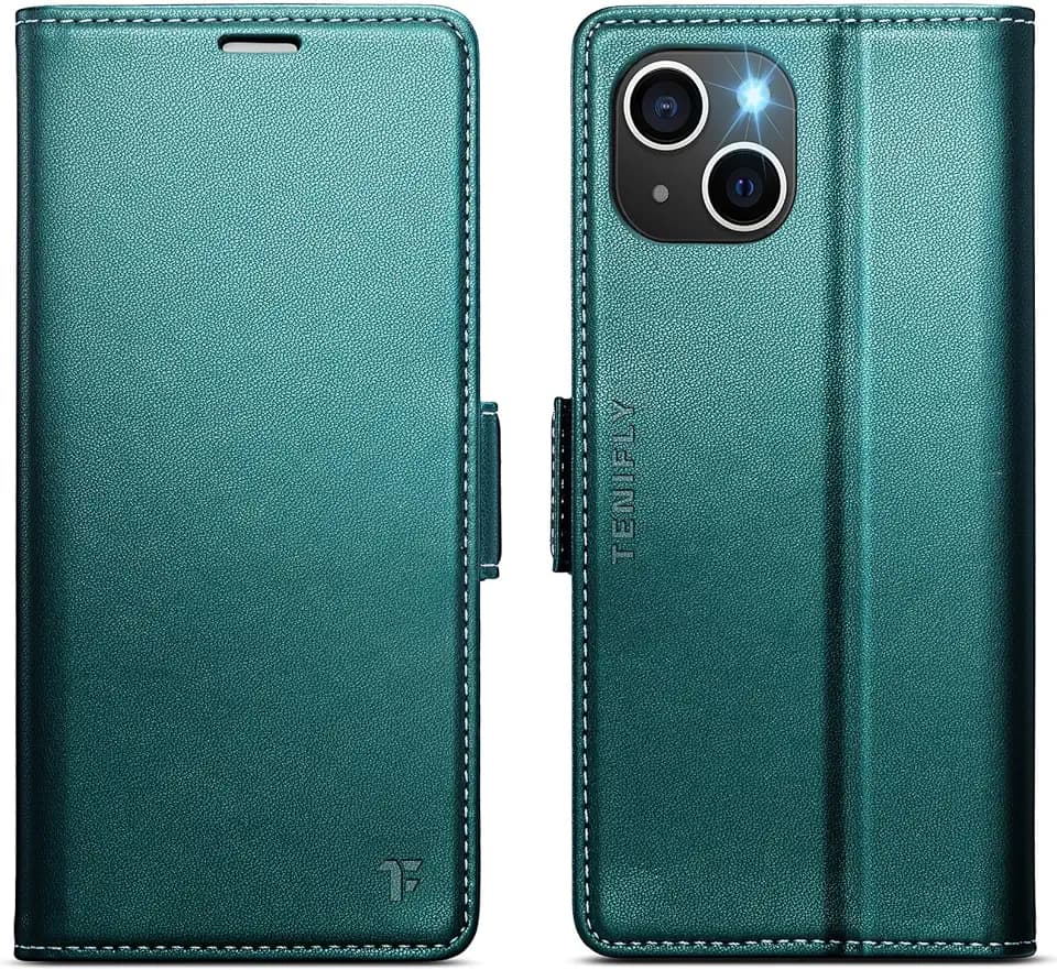 for iPhone 13 Case Wallet with Card Holder, Bluish Green