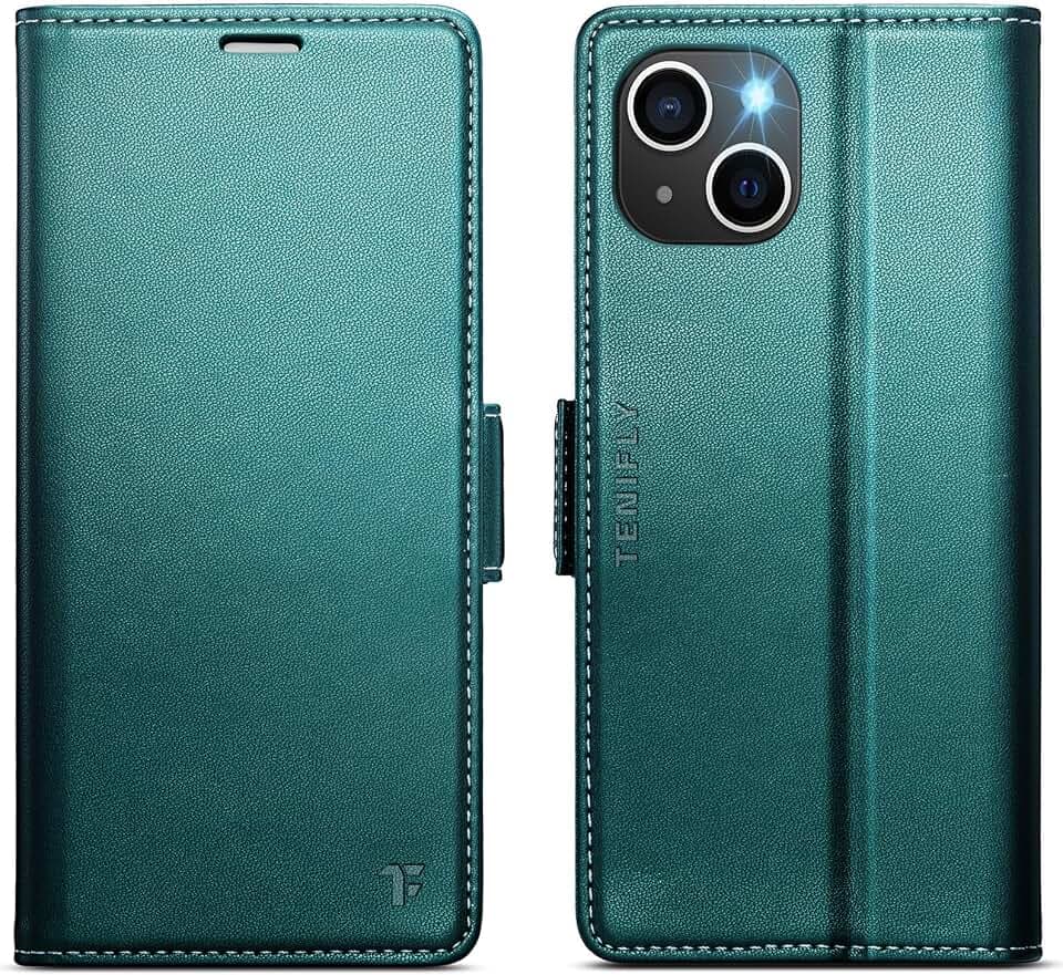 for iPhone 13 Mini Case Wallet with Card Holder, Bluish Green