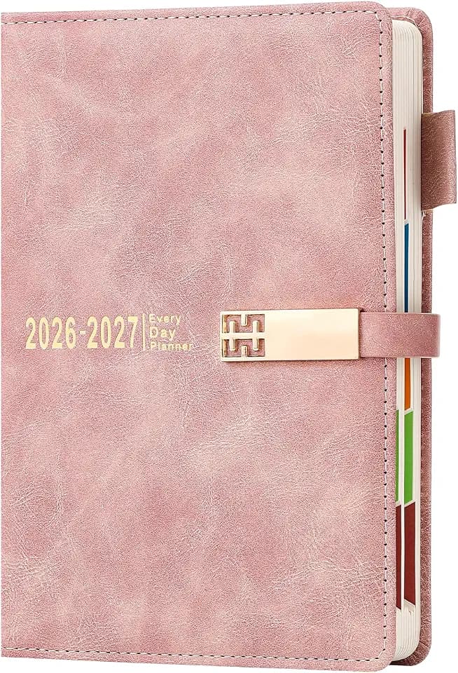Terminplaner 2026-2027 2026-2027, Tagesansicht, 12 Monate pro Seite, farbiger Monatsregister, Hardcover mit Lesezeichen, Innentasche, Rosa, A5