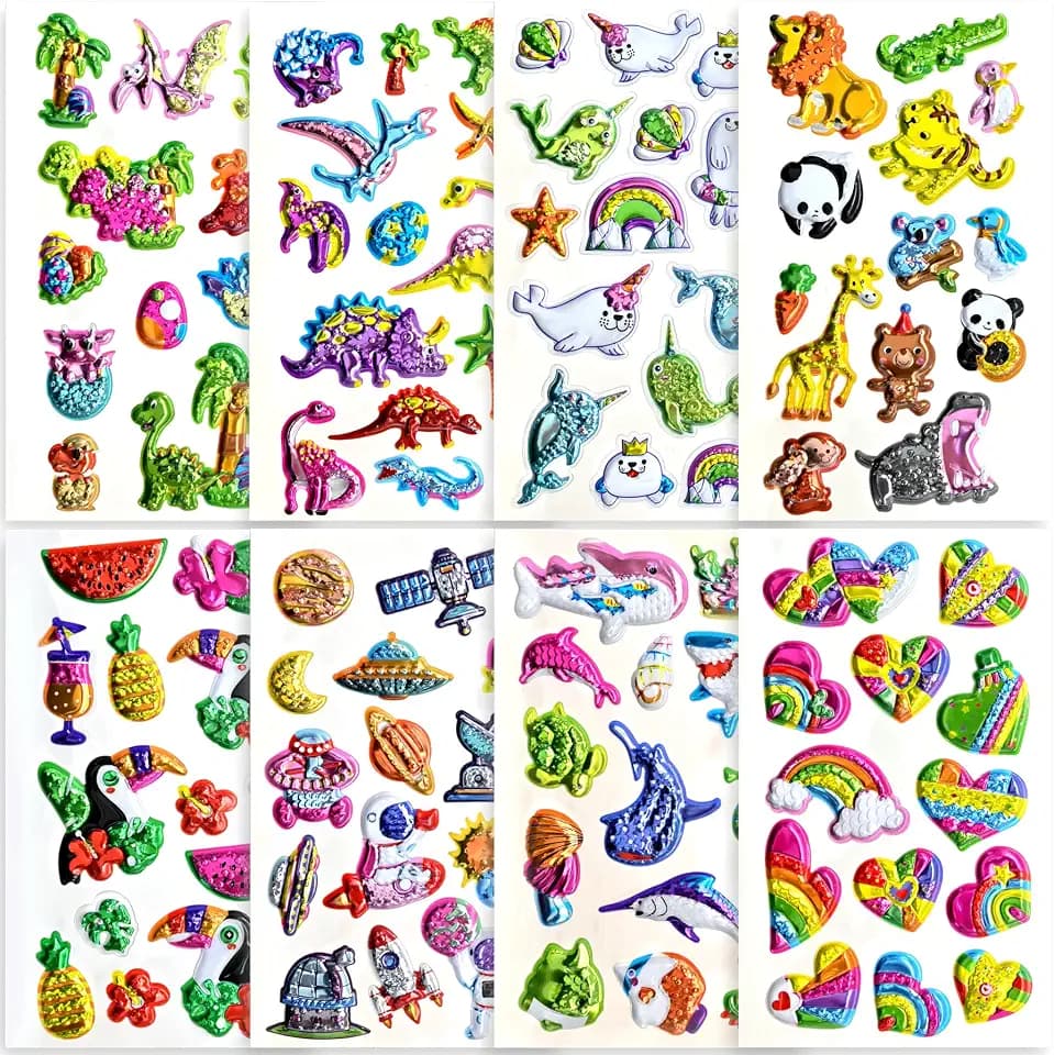 Meafeng 105PCS 8 Sheets 3D Glitter Puffy Animal Stickers for Kids