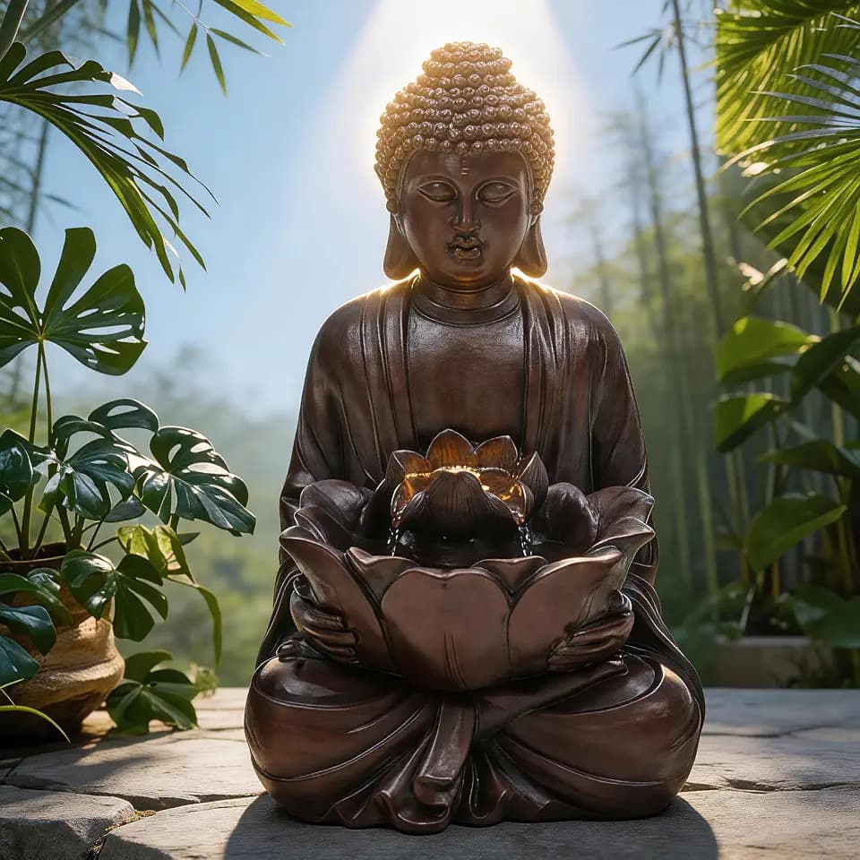 Zen Buddha Water Fountain Outdoor, 19" H Handcrafted Buddha Statue Water Feature with Soothing Waterfalls & Lights, Peaceful Oasis for Garden Patio Yard Deck Living Room Floor Tabletop Decor