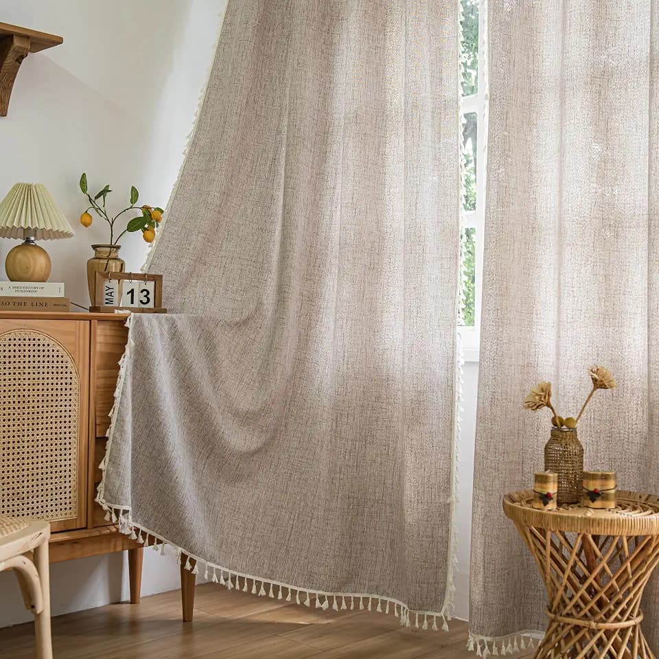 Setaback Boho Curtains Living Room Linen Curtains 84 Inch Length 2 Panels with Tassels, Farmhouse Country Style Bohemian Rod Pocket Sheer Light Filtering Window Treatment,52" x 84", Taupe 2 Panels