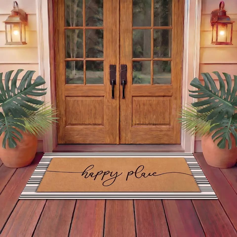 Tinideya 2 Pcs Large Happy Place Layered Doormat Welcome Front Door Mat
