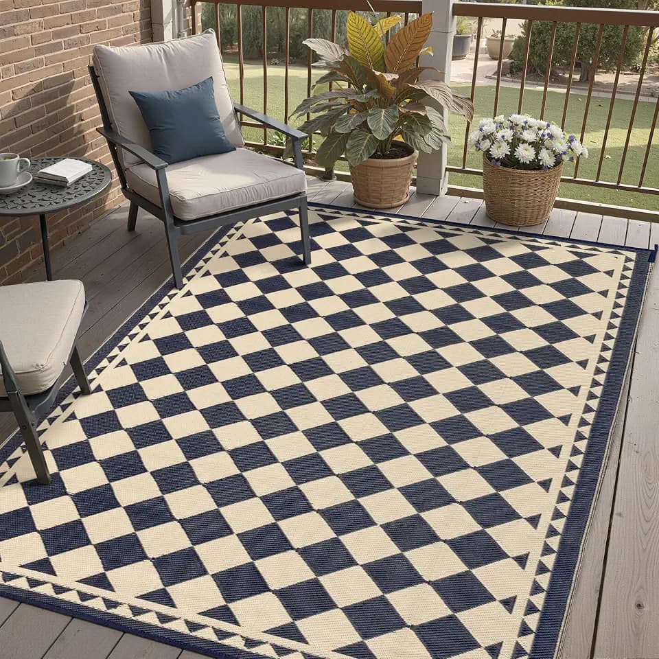 HUGEAR 6x9 Black Beige Checkered Waterproof Outdoor Rug for Patio