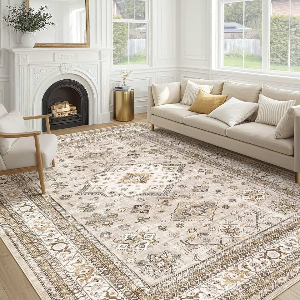 cotiled 9x12 Area Rug for Living Room, Washable, Traditional, Beige