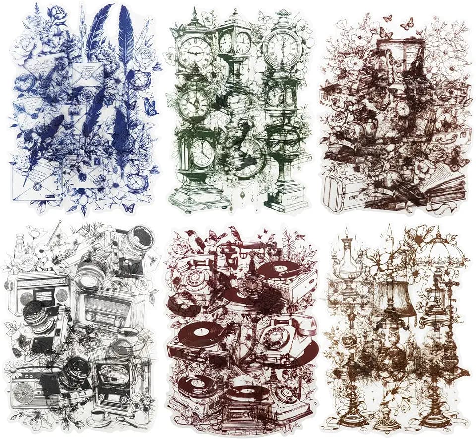 120PCS Vintage PET Sticker Set, Retro Line Art Collage with Clocks Books Flowers for Scrapbook Journal Junk Journal DIY