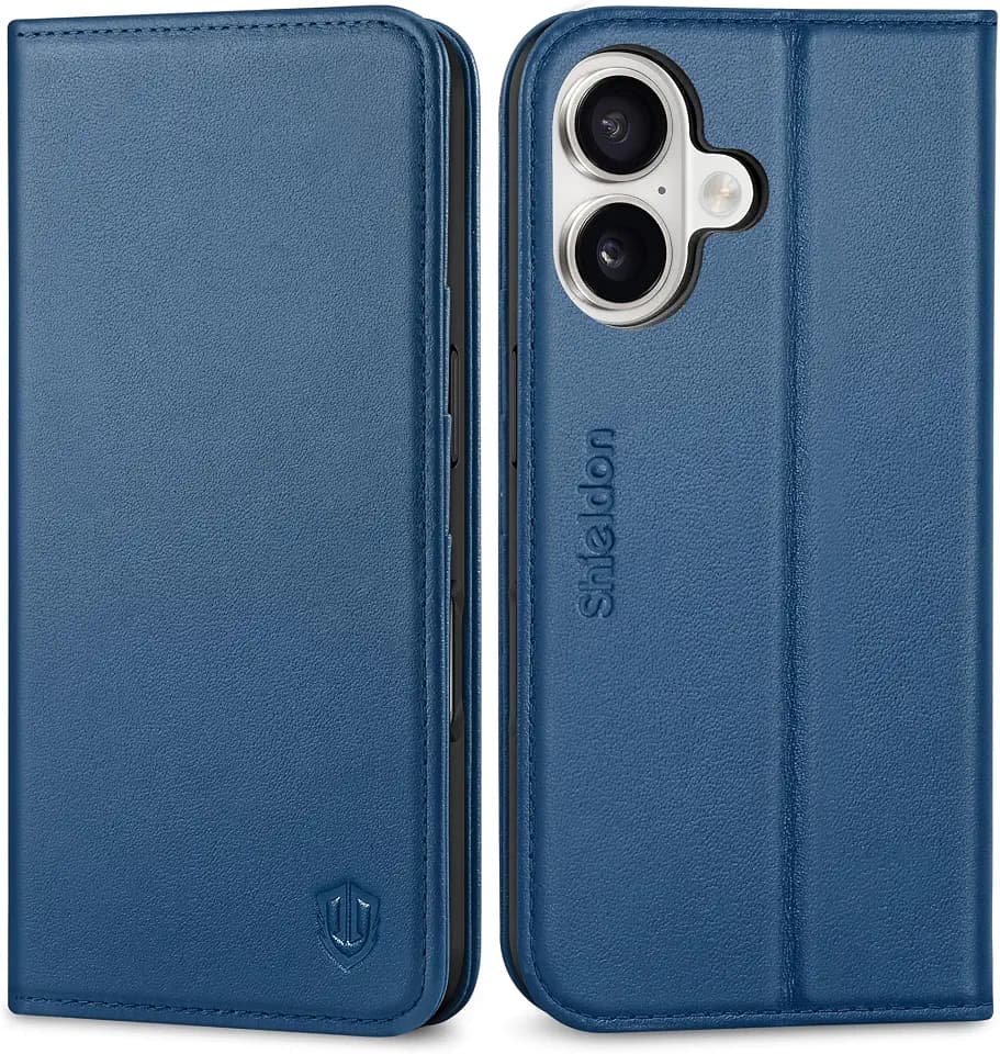 SHIELDON Genuine Leather Magnetic Case Wallet for iPhone 16, Royal Blue