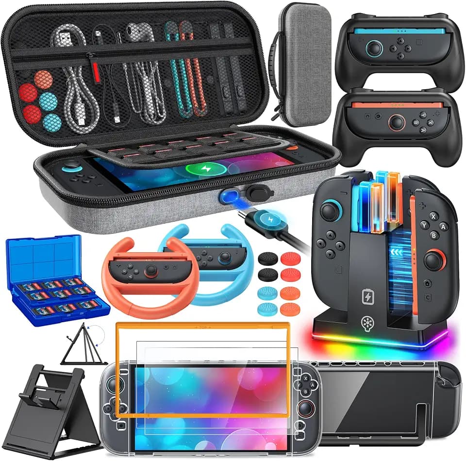 Switch 2 Accessories, Case Budle with Charger, Grip & Wheel for Nintendo 2
