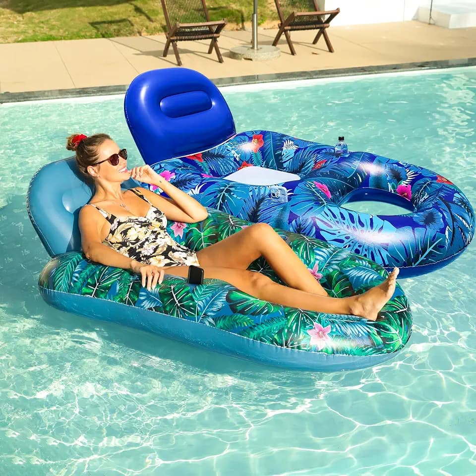 FindUWill Pool Floats Chairs Adult - 65'' x 42'' Large Pool Float Chairs, Inflatable Pool Lounger with Cup Phone Holder, Backrest, Footrest, Tanning Pool Lounge