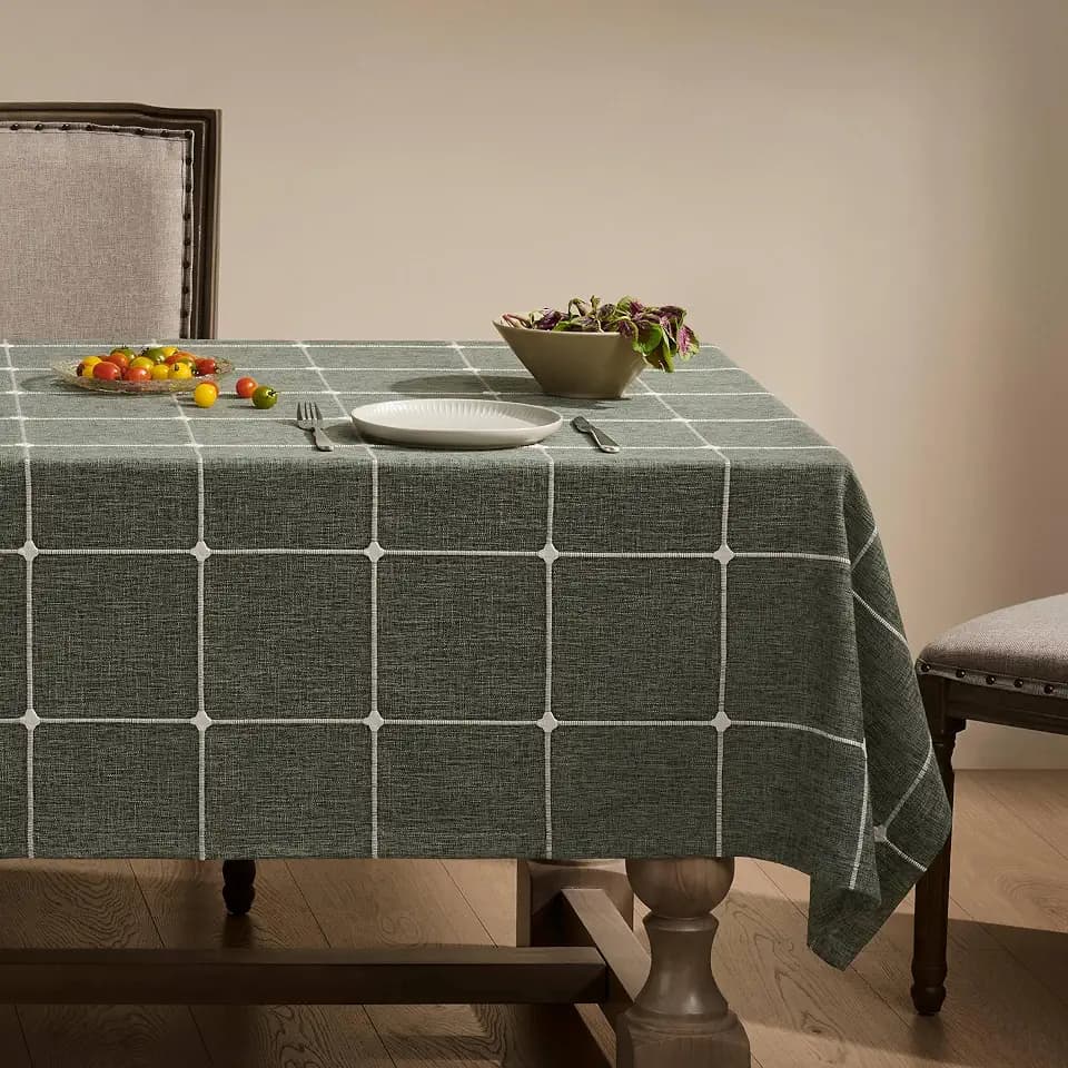 ZeeMart Grid Embroidered Rectangle Hemmed Tablecloths 60x104in, Olive