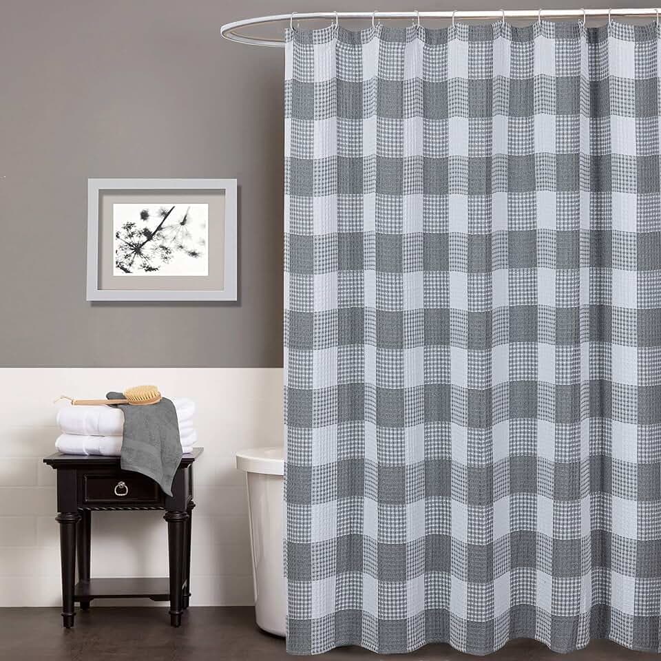 Cotton Waffle Weave Shower Curtain - Waffle Weaved Plaid Design in Silver 70" x 72" - Water Resistant Polyester Blend, Washable Shower Curtain - Perfect Cloth Shower Curtain for Stylish Bathrooms