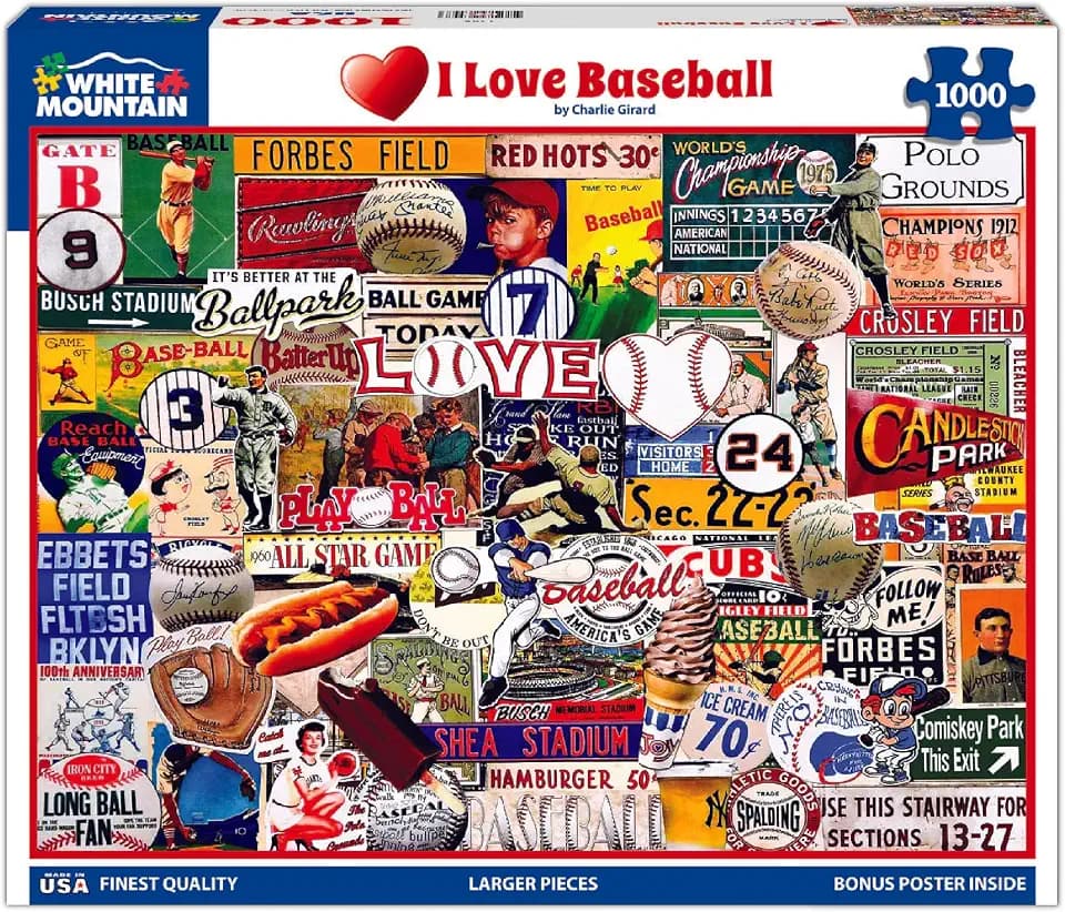 White Mountain 1000 Piece Jigsaw Puzzle Nostalgic Sports, I Love Baseball