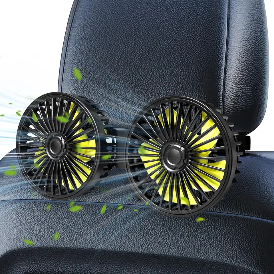 USB Car Cooling Fans for Backseat, Dual Head Car Fan for Kids 3 Speeds 360°Rotatable Vehicle Rear Headrest Fans 5V Powerful Electric Air Circulation Fan with Adjustable Clip for Sedan SUV RV Truck