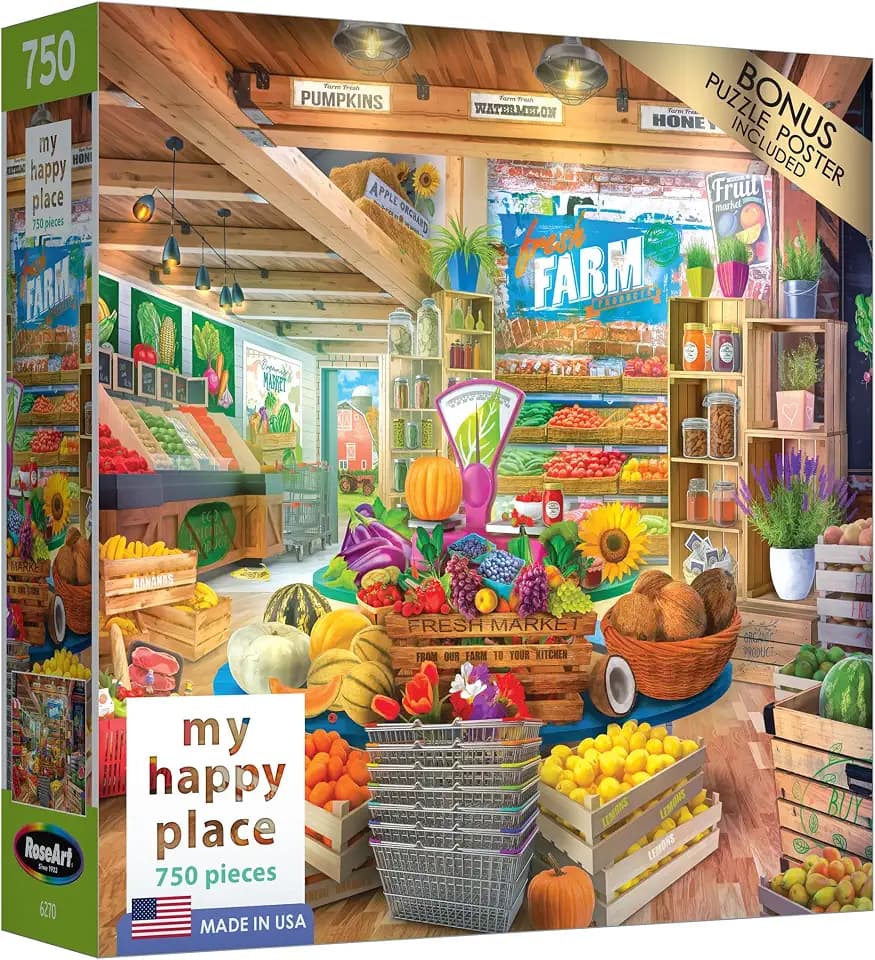 RoseArt - My Happy Place - Organic Fresh Market 1000 Piece Jigsaw Puzzle, Colorful Farm Stand Scene, Made in USA
