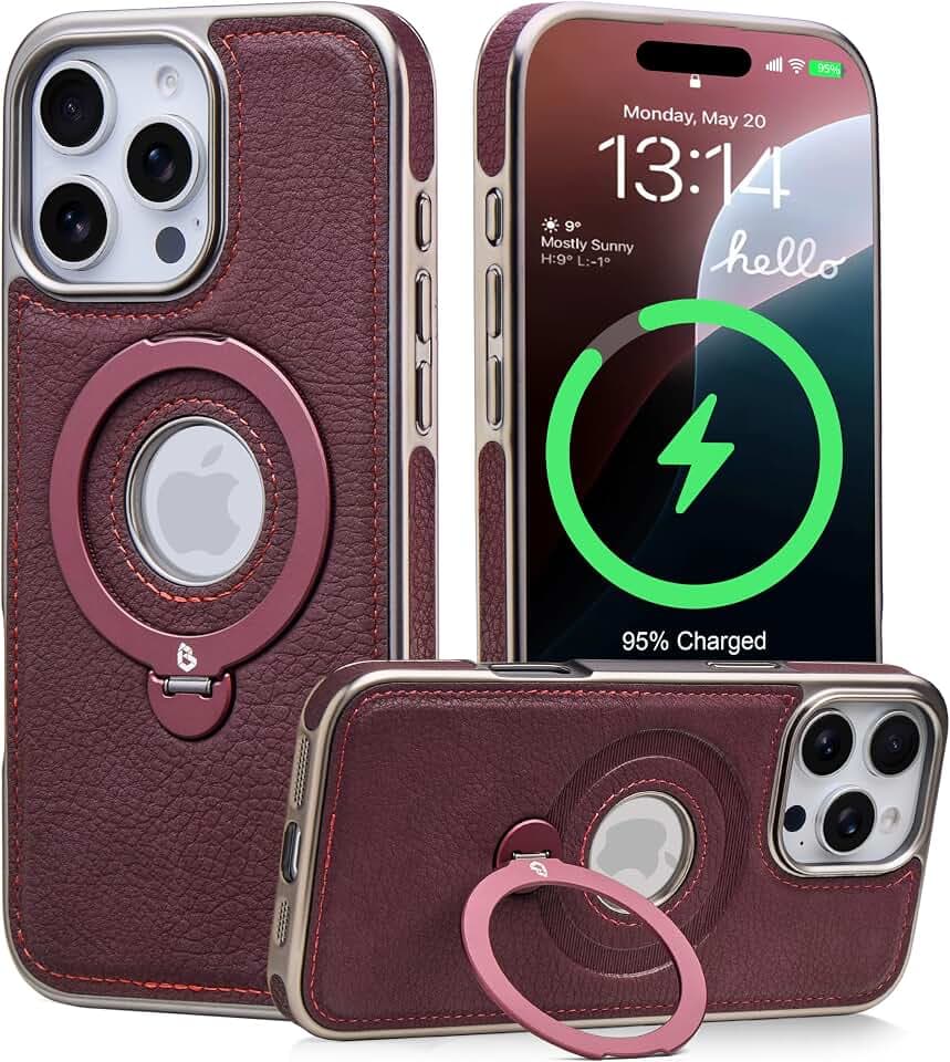 for iPhone 15 Pro Max Case Leather with 360 Spin Stand, Burgundy